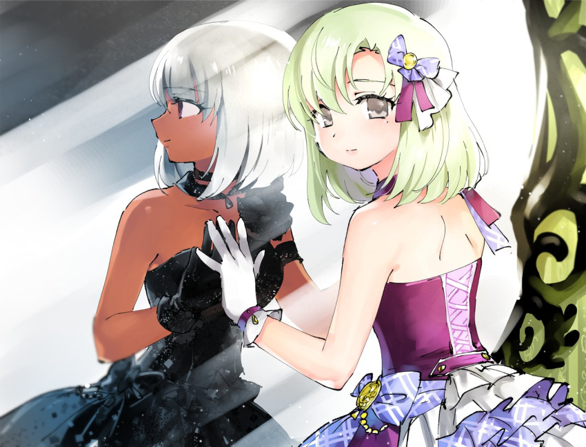 1girl against_mirror back bare_arms bare_shoulders black_dress black_gloves brown_eyes commentary dark_skin dress eyebrows_visible_through_hair from_behind gloves hand_on_mirror idol idolmaster idolmaster_(classic) light_green_hair looking_at_viewer looking_back miridereningen mole mole_under_eye pale_skin purple_dress reflection revision shiika_(idolmaster) solo white_gloves white_hair