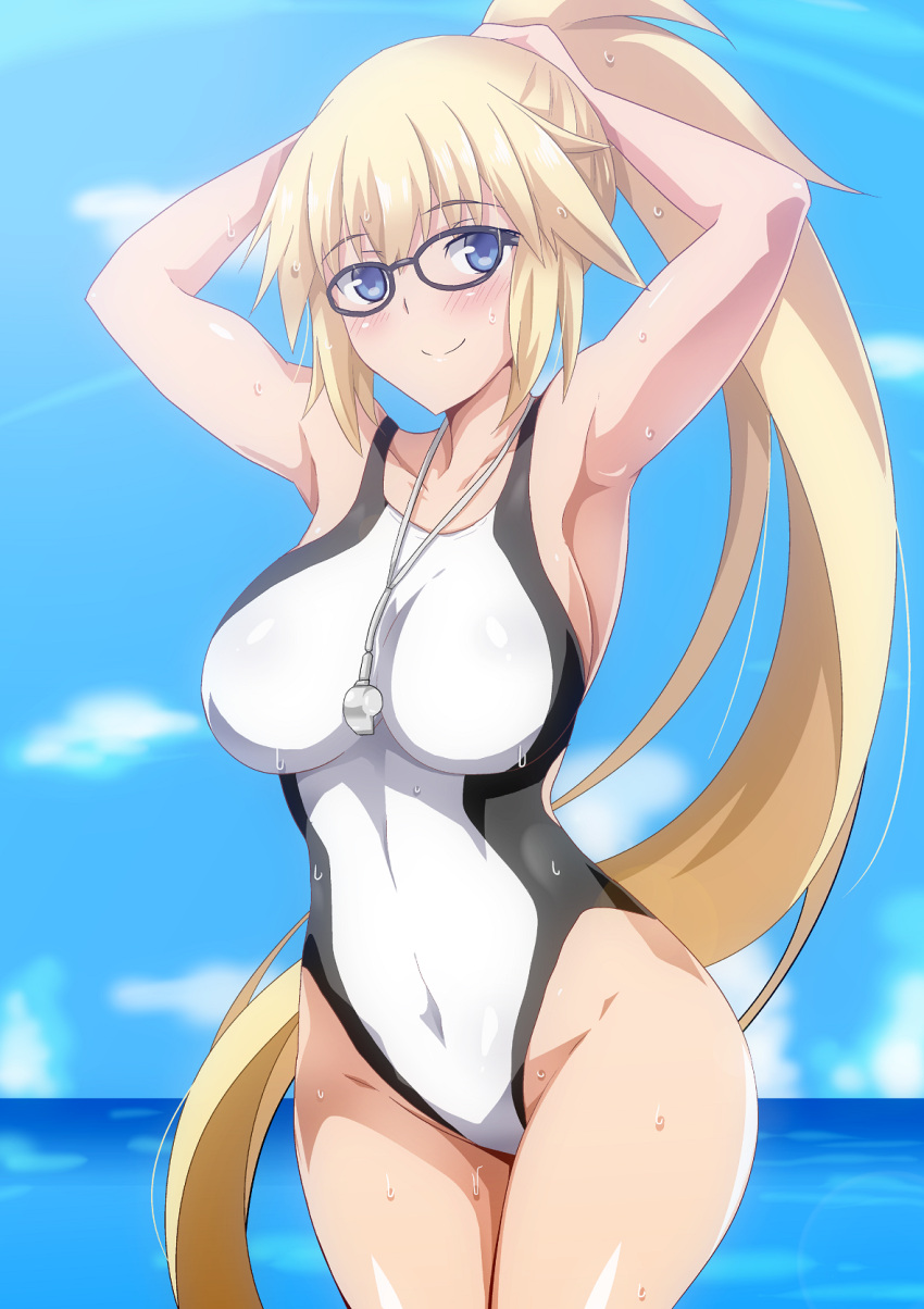 1girl armpits arms_behind_head arms_up bangs bare_shoulders black-framed_eyewear blonde_hair blue_eyes blue_sky blush breasts collarbone covered_navel fate/grand_order fate_(series) glasses hair_between_eyes hera_(hara0742) highres hips jeanne_d'arc_(fate)_(all) jeanne_d'arc_(swimsuit_archer) large_breasts long_hair looking_at_viewer ocean ponytail sky smile solo swimsuit thighs two-tone_swimsuit very_long_hair waist whistle white_swimsuit
