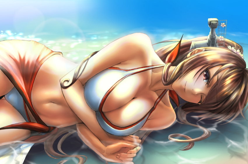 1girl bikini breasts brown_hair cleavage collarbone headgear highres kantai_collection kokuzoo large_breasts long_hair looking_at_viewer lying navel on_side one_eye_closed outdoors partially_submerged ponytail red_sarong sarong sidelocks smile solo swimsuit very_long_hair violet_eyes white_bikini yamato_(kantai_collection)