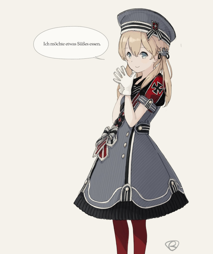 1girl alternate_costume anchor_hair_ornament aqua_eyes blonde_hair dress feet_out_of_frame german gloves grey_hat hair_ornament hands_together hat highres iron_cross kantai_collection kokudou_juunigou looking_at_viewer low_twintails multicolored multicolored_clothes multicolored_dress pantyhose peaked_cap prinz_eugen_(kantai_collection) red_legwear sailor_hat solo twintails white_gloves younger
