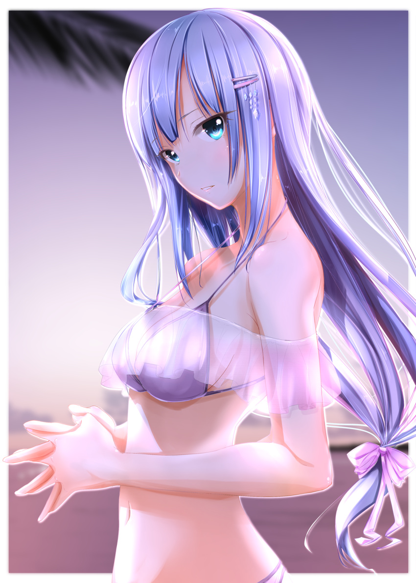 1girl beach bikini blue_eyes blurry blurry_background breasts cleavage collarbone floating_hair from_side hair_ornament hair_ribbon hairclip head_tilt highres idolmaster idolmaster_million_live! idolmaster_million_live!_theater_days jennifer_yamada long_hair looking_at_viewer low-tied_long_hair outdoors parted_lips pink_ribbon ribbon see-through shiraishi_tsumugi silver_hair solo swimsuit upper_body very_long_hair white_bikini