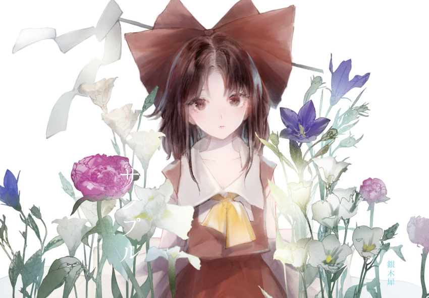 1girl artist_request ascot bangs bare_shoulders bow brown_eyes brown_hair closed_mouth collared_shirt detached_sleeves flower hair_between_eyes hair_bow hair_tubes hakurei_reimu long_sleeves medium_hair ribbon-trimmed_sleeves ribbon_trim shirt sidelocks simple_background sleeveless sleeveless_shirt solo standing touhou upper_body white_background wide_sleeves yellow_neckwear