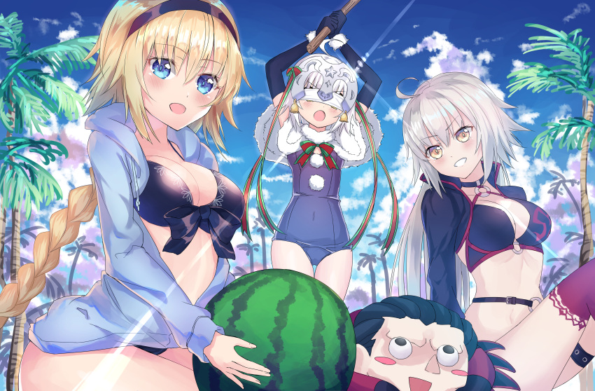 3girls absurdres ahoge beach bikini black_bikini black_gloves black_jacket blonde_hair blue_eyes blue_sky blue_swimsuit blush bow braid breasts capelet caster_(fate/zero) cleavage clouds collarbone commentary_request cropped_jacket day elbow_gloves eyebrows_visible_through_hair fate/grand_order fate_(series) food front-tie_top fruit fur-trimmed_capelet fur_trim gilles_de_rais_(fate/grand_order) gloves green_bow green_ribbon hairband headpiece highres hood hooded_jacket huge_filesize jacket jeanne_d'arc_(alter)_(fate) jeanne_d'arc_(alter_swimsuit_berserker) jeanne_d'arc_(fate) jeanne_d'arc_(fate)_(all) jeanne_d'arc_(swimsuit_archer) jeanne_d'arc_alter_santa_lily large_breasts long_braid long_hair looking_at_another looking_at_viewer midriff multiple_girls muragaki_(sgxx4878) navel o-ring objectification one-piece_swimsuit outdoors palm_tree ribbon sand side-tie_bikini single_braid sitting sky standing striped striped_ribbon sunlight swimsuit sword tree unzipped very_long_hair watermelon weapon white_capelet wooden_sword yellow_eyes