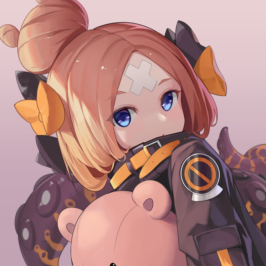 1girl abigail_williams_(fate/grand_order) bangs black_bow black_jacket blonde_hair blue_eyes bow brown_background closed_mouth commentary crossed_bandaids dutch_angle eyebrows_visible_through_hair fate/grand_order fate_(series) hair_bow hair_bun highres jacket loading_(vkjim0610) long_hair long_sleeves looking_at_viewer object_hug orange_bow parted_bangs polka_dot polka_dot_bow simple_background solo stuffed_animal stuffed_toy suction_cups teddy_bear tentacle