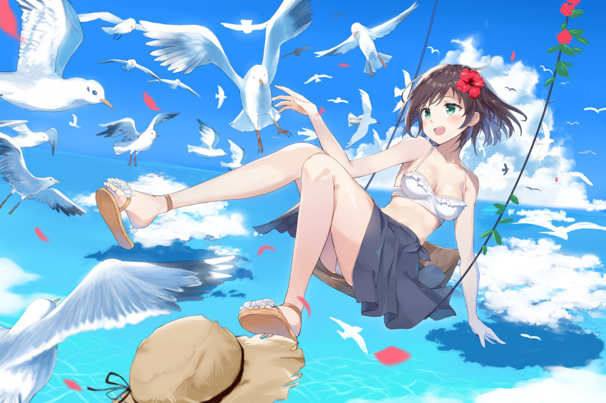 1girl :d animal bangs bikini bikini_under_clothes bird blue_sky blush brown_hair clouds commentary_request day eyebrows_visible_through_hair fingernails flower flying green_eyes grey_skirt hair_flower hair_ornament hat hat_removed headwear_removed highres horizon kooan looking_away ocean open_mouth original outdoors petals red_flower round_teeth sandals seagull sitting skirt sky smile solo straw_hat summer swimsuit swing teeth toenails upper_teeth water white_bikini