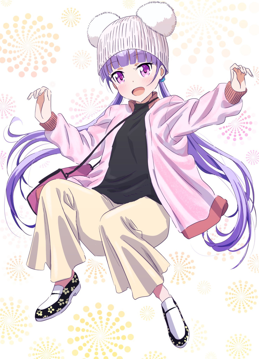 1girl :d bag bangs black_shirt blunt_bangs cardigan floating_hair full_body hat highres long_hair looking_at_viewer new_game! open_cardigan open_clothes open_mouth pants pink_cardigan pink_eyes pink_x purple_hair shirt smile solo suzukaze_aoba twintails very_long_hair white_background white_hat white_pants