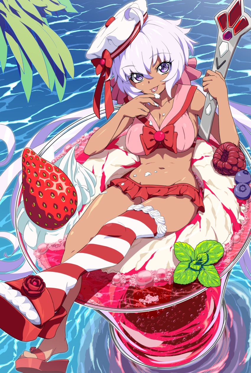 1girl absurdres ahoge bikini blueberry breasts dessert eyebrows_visible_through_hair food frilled_bikini frills fruit hat highres ice_cream large_breasts long_hair looking_at_viewer low_twintails navel red_bikini senki_zesshou_symphogear shiny shiny_hair shiny_skin silver_hair single_thighhigh sitting solo strawberry striped striped_legwear swimsuit tan thigh-highs tongue tongue_out twintails uganda violet_eyes water yukine_chris