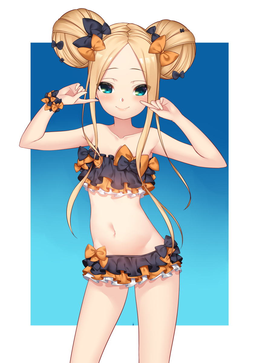 1girl abigail_williams_(fate/grand_order) absurdres bangs bare_arms bare_shoulders bikini black_bikini black_bow blonde_hair blue_eyes blush bow closed_mouth collarbone commentary_request double_bun emerald_float eyebrows_visible_through_hair fate/grand_order fate_(series) forehead groin hair_bow hands_up highres long_hair navel nekosama_shugyouchuu orange_bow parted_bangs side_bun sidelocks smile solo strapless strapless_bikini swimsuit