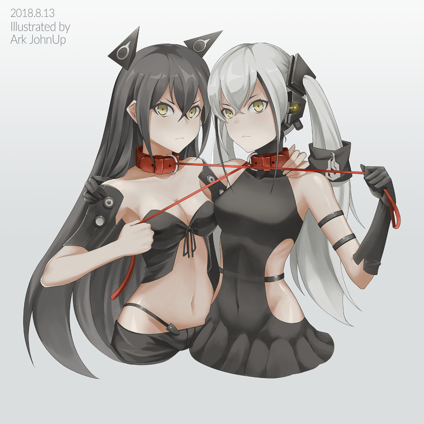 2girls ark_john_up arm_around_shoulder arm_strap armpits artist_name bangs black_dress black_gloves black_hair black_shorts blush breasts cleavage closed_mouth collar collarbone commentary covered_navel cropped_legs crossed_bangs destroyer_(girls_frontline) dress eyebrows_visible_through_hair fang girls_frontline gloves grey_background groin hair_between_eyes hair_ornament hand_on_another's_shoulder headgear highleg highres judge_(girls_frontline) leash leash_pull long_hair looking_at_viewer medium_breasts multiple_girls navel sangvis_ferri shorts side_cutout silver_hair simple_background sleeveless sleeveless_dress stomach strap turtleneck_dress twintails underwear yellow_eyes
