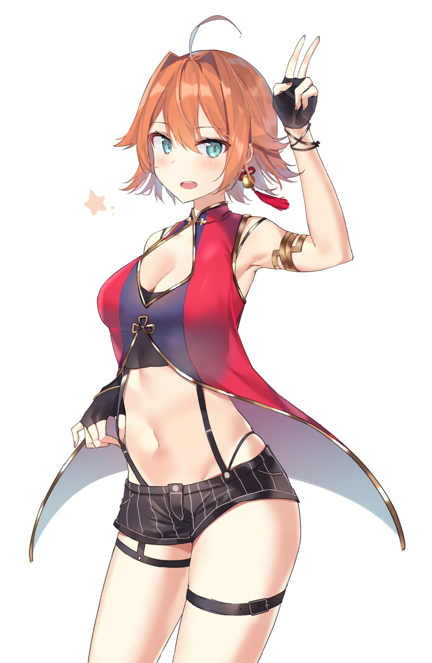 1girl ahoge arm_up armlet bad_id bad_twitter_id black_gloves black_shorts blue_eyes breasts brown_hair cleavage cowboy_shot crop_top fingerless_gloves gloves groin hair_between_eyes highres medium_breasts midriff navel sabet_(young_ouo) shiny shiny_hair shishi_(shishi_channel) shishi_channel short_hair short_shorts shorts simple_background sleeveless solo standing star stomach striped suspender_shorts suspenders thigh_strap v vertical-striped_shorts vertical_stripes virtual_youtuber white_background