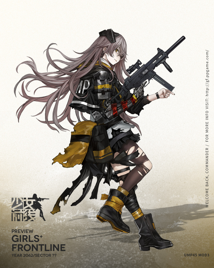 1girl ammunition_pouch ankle_boots armband bag baggy_clothes bangs black_footwear black_gloves black_jacket black_legwear black_nails blush boots buttons character_name closed_mouth collared_shirt copyright_name crossed_bangs damaged digi-mind_update_(girls_frontline) exoskeleton floating_hair from_side full_body girls_frontline gloves gun h&amp;k_ump h&amp;k_ump45 hair_ornament hand_up headgear heckler_&amp;_koch highres holding holding_gun holding_weapon holster hood hood_down hooded_jacket jacket leg_strap leg_up leg_wrap logo long_hair looking_at_viewer looking_away looking_back mechanical_arm nail_polish necktie nose_blush official_art one_eye_closed one_side_up open_clothes open_jacket pantyhose pleated_skirt pouch ribbon scar scar_across_eye shirt sidelocks silver_hair single_glove single_knee_pad single_pantyhose skirt smile solo standing strap submachine_gun suppressor thigh-highs thigh_strap torn_bag torn_clothes torn_jacket torn_pantyhose trigger_discipline ump45_(girls_frontline) untucked_shirt vertical_foregrip very_long_hair weapon white_shirt wristband yellow_eyes yellow_neckwear zagala