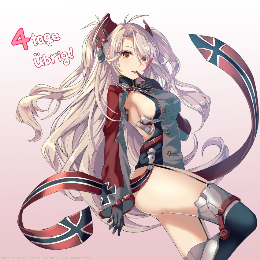 1girl antenna_hair azur_lane bangs black_legwear blush boots breasts countdown eyebrows_visible_through_hair finger_to_mouth garter_straps gloves gradient gradient_background hair_between_eyes headgear highres iron_cross knee_up large_breasts long_hair looking_at_viewer mole mole_on_breast multicolored_hair norwegian_flag parted_lips pink_background prinz_eugen_(azur_lane) redhead shintou side_cutout sideboob sidelocks silver_hair simple_background smile solo streaked_hair swept_bangs thigh-highs thigh_boots two_side_up very_long_hair watermark wide_sleeves