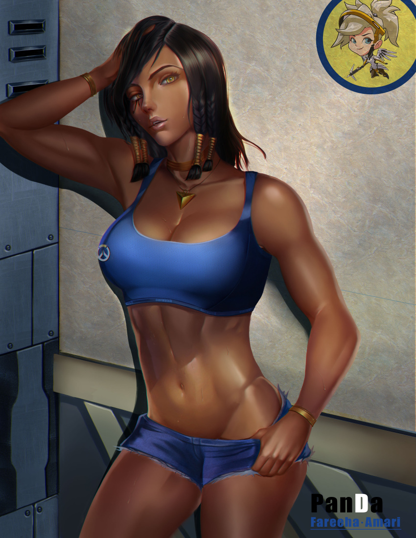 1girl absurdres against_wall bangs black_hair bracelet breasts brown_eyes cameo choker cleavage cutoffs dark_skin eye_of_horus eyelashes facial_tattoo hair_tubes hand_in_hair highres jewelry large_breasts lips looking_at_viewer mercy_(overwatch) navel nose overwatch overwatch_(logo) panda_(lazy_cat) pendant pharah_(overwatch) short_hair short_shorts shorts side_braids solo sports_bra stomach swept_bangs tattoo toned