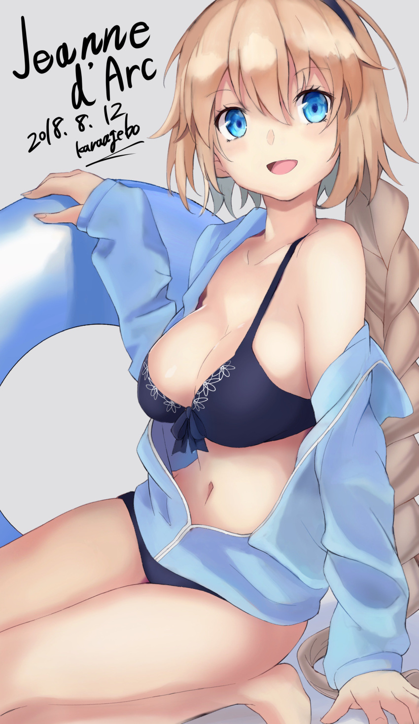 1girl absurdres bangs bikini black_bikini blonde_hair blue_eyes braid breasts cleavage commentary_request eyebrows_visible_through_hair fate/grand_order fate_(series) grey_background hairband highres innertube jacket jeanne_d'arc_(fate)_(all) jeanne_d'arc_(swimsuit_archer) karaage_bou large_breasts long_hair looking_at_viewer navel signature smile solo swimsuit very_long_hair