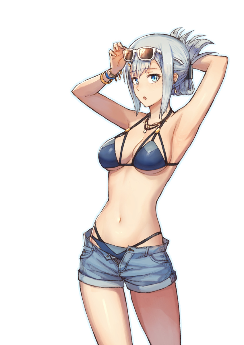 1girl :o arm_behind_head armpits arms_up bangs bare_shoulders bikini bikini_under_clothes blue_bikini blue_eyes blue_shorts bracelet breasts cleavage collarbone commentary_request cowboy_shot denim denim_shorts earrings emoto_reishi eyewear_on_head folded_ponytail hair_between_eyes hand_on_eyewear highres jewelry large_breasts navel necklace open_clothes open_fly open_shorts original parted_lips short_hair short_shorts shorts sidelocks silver_hair simple_background solo standing swimsuit under_boob white-framed_eyewear white_background
