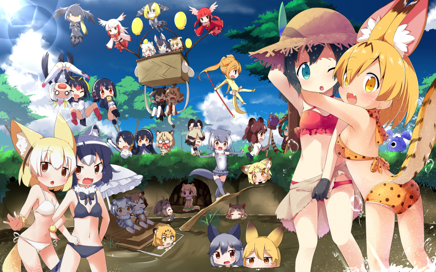 6+girls absurdres african_wild_dog_(kemono_friends) alpaca_suri_(kemono_friends) american_beaver_(kemono_friends) animal_ears balloon bikini black-tailed_prairie_dog_(kemono_friends) black_gloves blonde_hair blood blue_sky brown_bear_(kemono_friends) brown_eyes campo_flicker_(kemono_friends) cat_ears cerulean_(kemono_friends) clouds commentary_request common_raccoon_(kemono_friends) day emperor_penguin_(kemono_friends) eurasian_eagle_owl_(kemono_friends) everyone extra_ears ezo_red_fox_(kemono_friends) fennec_(kemono_friends) fox_ears fox_tail gentoo_penguin_(kemono_friends) gloves golden_snub-nosed_monkey_(kemono_friends) green_eyes grey_bikini grey_hair grey_wolf_(kemono_friends) hat head_wings highres hippopotamus_(kemono_friends) hug humboldt_penguin_(kemono_friends) jaguar_(kemono_friends) japanese_crested_ibis_(kemono_friends) kaban_(kemono_friends) kemono_friends lion_(kemono_friends) long_hair looking_at_viewer makuran margay_(kemono_friends) moose_(kemono_friends) multicolored_hair multiple_girls nature northern_white-faced_owl_(kemono_friends) nosebleed one_eye_closed orange_eyes outdoors print_bikini raccoon_ears raft red_bikini reticulated_giraffe_(kemono_friends) rockhopper_penguin_(kemono_friends) royal_penguin_(kemono_friends) sand_cat_(kemono_friends) scarlet_ibis_(kemono_friends) serval_(kemono_friends) serval_ears serval_print serval_tail shoebill_(kemono_friends) short_hair silver_fox_(kemono_friends) sky small-clawed_otter_(kemono_friends) straw_hat swimsuit tail tree tsuchinoko_(kemono_friends) water white_bikini