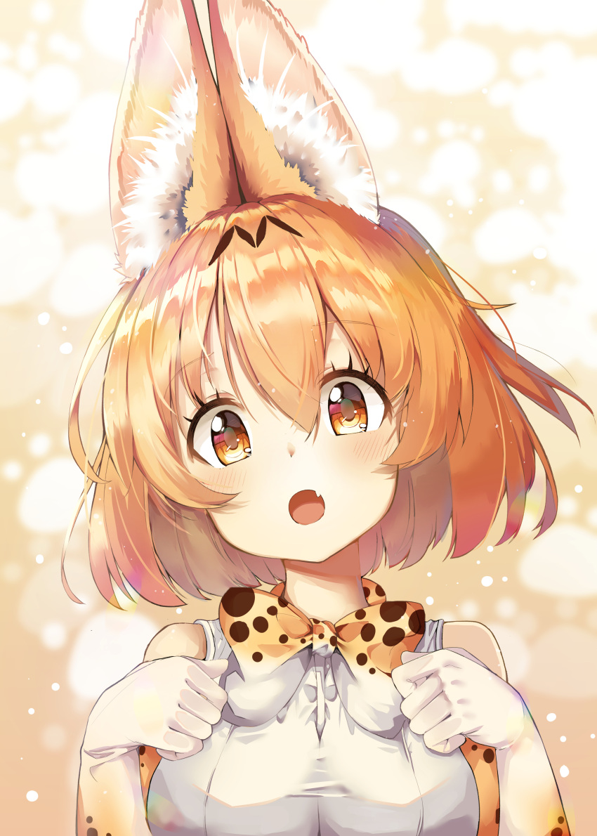 1girl :o absurdres animal_ear_fluff animal_ears animal_ears_(artist) blonde_hair blush bow bowtie elbow_gloves eyebrows_visible_through_hair eyelashes fang gloves hair_between_eyes hands_up highres kemono_friends korean_commentary looking_at_viewer multicolored multicolored_clothes multicolored_gloves multicolored_neckwear print_gloves print_neckwear serval_(kemono_friends) serval_ears serval_print shirt short_hair sleeveless sleeveless_shirt solo upper_body white_gloves white_neckwear yellow_eyes yellow_gloves yellow_neckwear