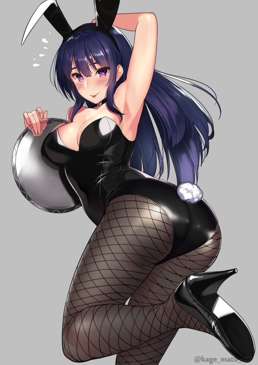 1girl :p animal_ears ass black_hair black_leotard blush bunny_tail bunnysuit fake_animal_ears fishnet_pantyhose fishnets heart heart-shaped_pupils highres kagematsuri leotard long_hair original pantyhose rabbit_ears strapless strapless_leotard symbol-shaped_pupils tail tongue tongue_out tray violet_eyes