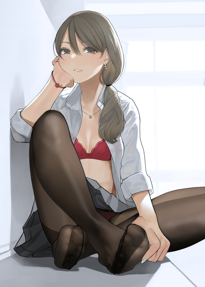 1girl bangs black_legwear blush bra breasts brown_hair commentary_request dress_shirt earrings eyebrows_visible_through_hair feet grey_eyes grey_skirt hair_between_eyes head_rest highres indian_style jewelry legs long_hair looking_at_viewer necklace no_shoes open_clothes open_shirt original panties panties_under_pantyhose pantyhose pantyshot pantyshot_(sitting) parted_lips pleated_skirt red_bra red_panties shirt side_ponytail sitting skirt solo thighband_pantyhose toes underwear yomu_(sgt_epper)