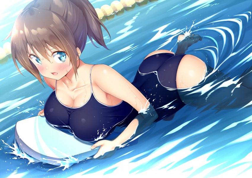 1girl ass bare_arms bare_shoulders barefoot blue_eyes blue_swimsuit blush breast_press breasts brown_eyes brown_hair casual_one-piece_swimsuit collarbone commentary_request dutch_angle eyebrows_visible_through_hair frown hair_between_eyes highres ichi_makoto large_breasts long_hair looking_at_viewer one-piece_swimsuit open_mouth original partially_submerged ponytail pool skindentation solo swimming swimsuit water wet