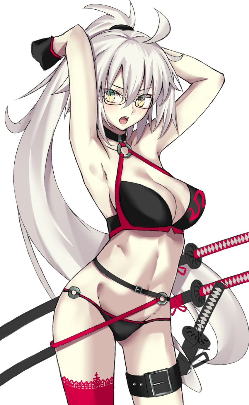 1girl absurdres ahoge alternate_hairstyle arms_up bespectacled bikini black_bikini blush bow breasts choker cleavage collarbone commentary_request cowboy_shot eyebrows_visible_through_hair fate/grand_order fate_(series) glasses hair_between_eyes hair_bow high_ponytail highres jacket jeanne_d'arc_(alter)_(fate) jeanne_d'arc_(alter_swimsuit_berserker) jeanne_d'arc_(fate)_(all) katana large_breasts long_hair long_ponytail looking_at_viewer o-ring open_mouth ponytail red_legwear sheath sheathed simple_background solo swimsuit sword thigh_strap thighs very_long_hair weapon yellow_eyes yuchio