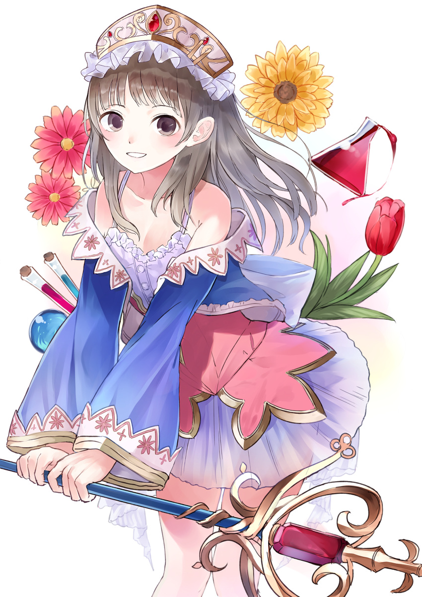 1girl atelier_(series) atelier_totori bangs bare_shoulders blue_jacket blush brown_eyes brown_hair collarbone commentary_request dress erlenmeyer_flask eyebrows_visible_through_hair flower highres holding holding_wand jacket long_hair long_sleeves looking_at_viewer off_shoulder outstretched_arms parted_lips red_flower shii_(kairi-t-k0317) sleeveless sleeveless_dress smile solo standing totooria_helmold tulip vial wand white_dress wide_sleeves yellow_flower