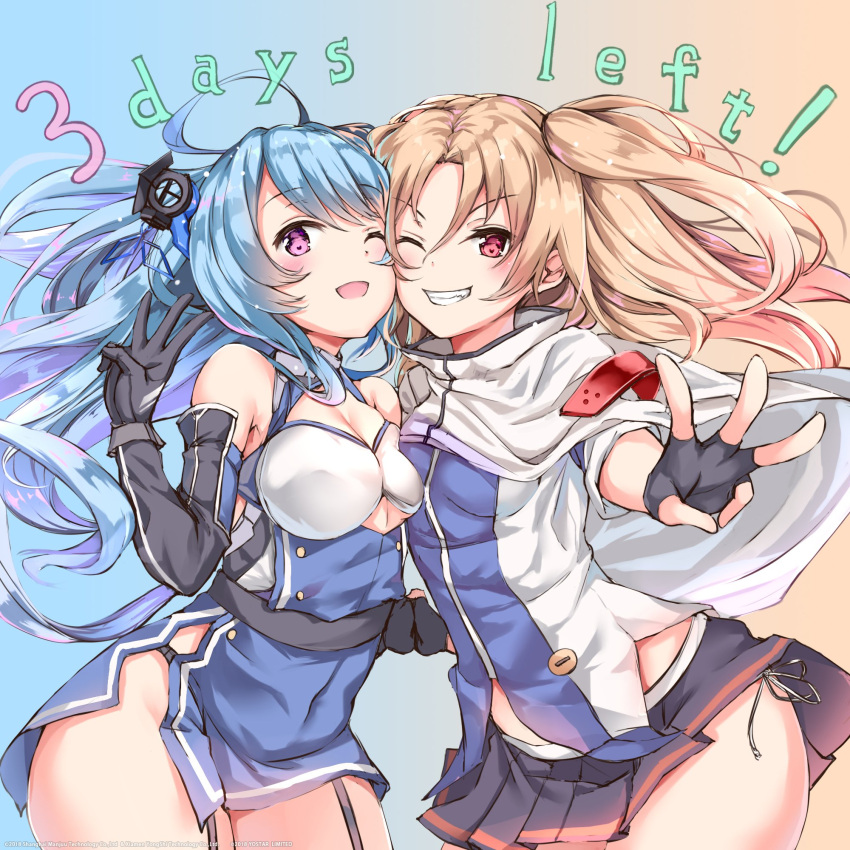 :d ahoge asymmetrical_docking azur_lane bangs bare_shoulders black_gloves blonde_hair blue_hair blush breast_press breasts capelet cleavage cleveland_(azur_lane) commentary countdown dress elbow_gloves eyebrows_visible_through_hair fingerless_gloves floating_hair garter_straps gloves hair_between_eyes hair_ornament hand_holding hand_up hat helena_(azur_lane) highres long_hair looking_at_viewer medium_breasts multiple_girls one_eye_closed one_side_up open_mouth parted_bangs parted_lips pleated_skirt red_eyes side_slit skirt small_breasts smile very_long_hair violet_eyes yukishiro_arute