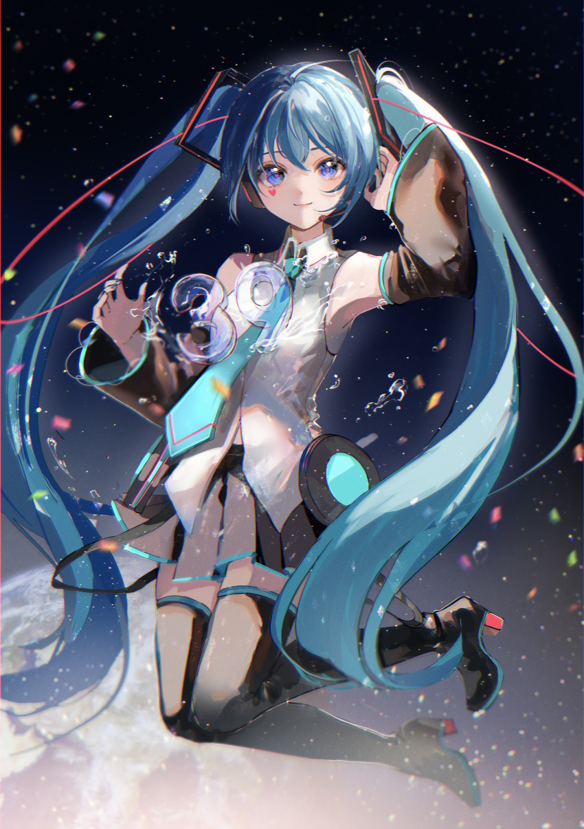 1girl 39 absurdres arm_up bangs bare_shoulders black_footwear black_legwear black_skirt blue_eyes blue_hair blue_nails blue_necktie blush boots closed_mouth collared_shirt commentary_request confetti detached_sleeves floating hair_between_eyes hair_ornament hand_up hatsune_miku heart high_heel_boots high_heels highres kikinoki long_hair long_sleeves looking_at_viewer nail_polish necktie planet pleated_skirt shirt skirt sleeveless sleeveless_shirt smile solo space thigh-highs thigh_boots twintails very_long_hair vocaloid water white_shirt