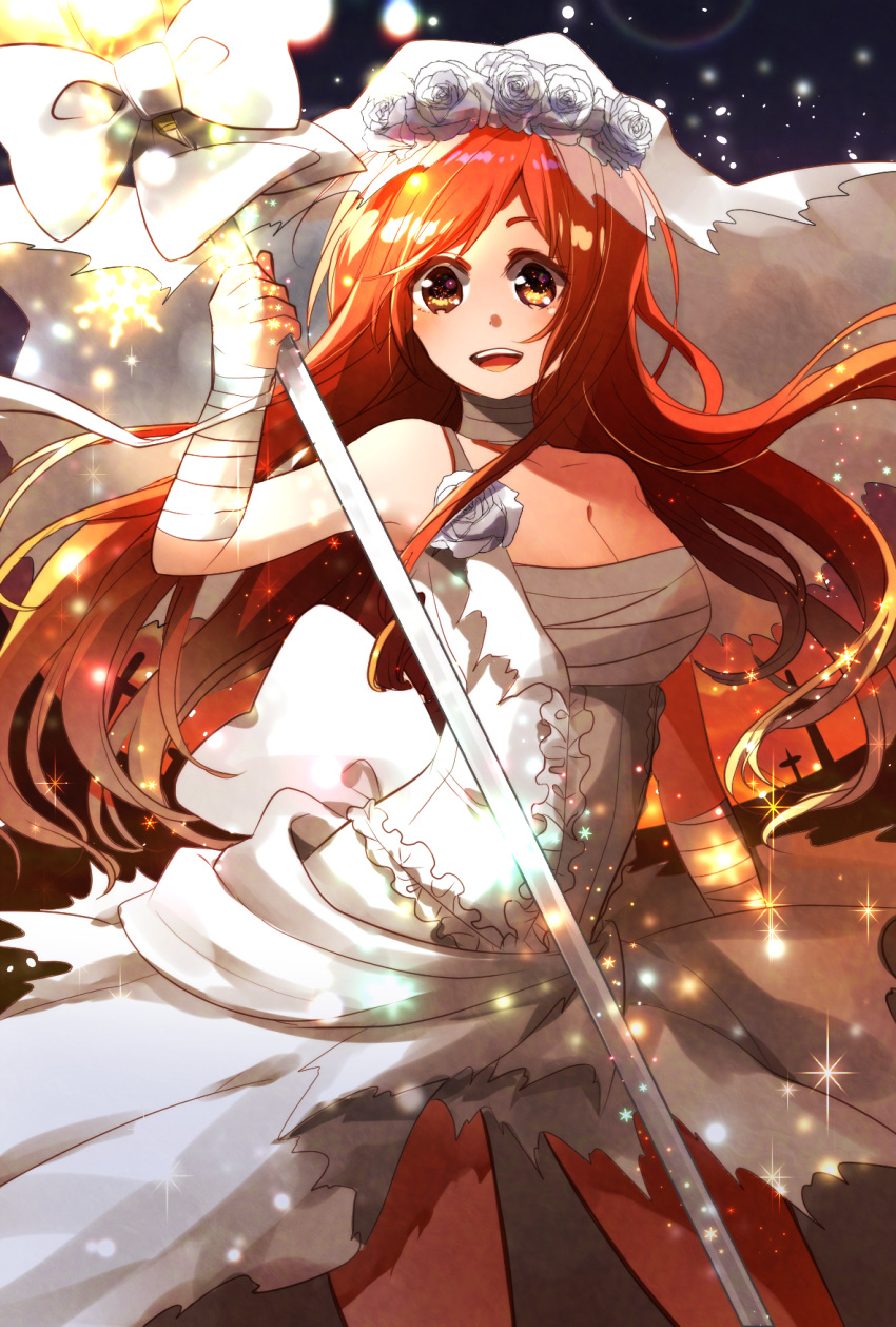 1girl :d bandage bandaged_arm bandages bleach blush breasts bridal_veil brown_eyes cleavage commentary_request dress flower halloween highres inoue_orihime large_breasts long_hair looking_at_viewer open_mouth orange_hair rose smile solo staff torn_clothes torn_dress umi_(pixiv6861961) veil white_dress white_flower white_rose