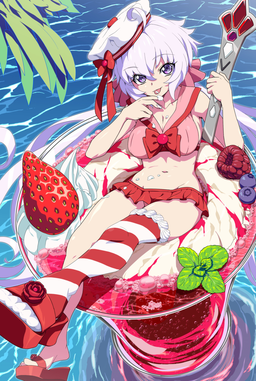 1girl absurdres ahoge bikini blueberry breasts commentary_request dessert eyebrows_visible_through_hair food frilled_bikini frills fruit hat highres ice_cream large_breasts long_hair looking_at_viewer low_twintails navel red_bikini senki_zesshou_symphogear shiny shiny_hair shiny_skin silver_hair single_thighhigh sitting solo spoon strawberry striped striped_legwear swimsuit thigh-highs tongue tongue_out twintails uganda violet_eyes water yukine_chris