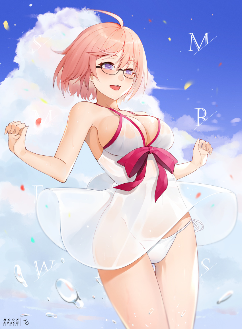 1girl :d ahoge black-framed_eyewear blue_sky bow breasts cleavage clouds day dress fate/grand_order fate_(series) floating_hair glasses highres large_breasts mash_kyrielight open_mouth outdoors panties petals pink_hair red_bow short_hair side-tie_panties sideboob sky sleeveless sleeveless_dress smile solo standing sundress underwear violet_eyes white_dress white_panties yueguang_zhanglang