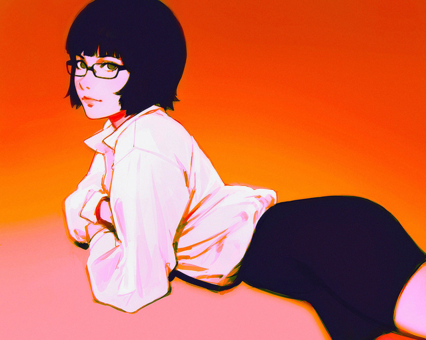 1girl black_hair closed_mouth crossed_arms glasses gradient gradient_background green_eyes ilya_kuvshinov lips looking_at_viewer lying on_stomach orange_background original shirt short_hair skirt solo