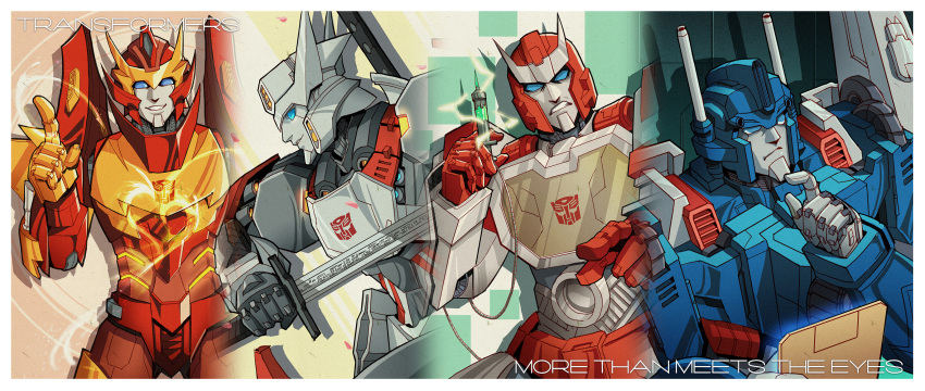 4boys autobot cdash817 databook drift hand_on_own_chin highres insignia multiple_boys no_humans ratchet rodimus science_fiction sword syringe text_focus transformers ultra_magnus weapon