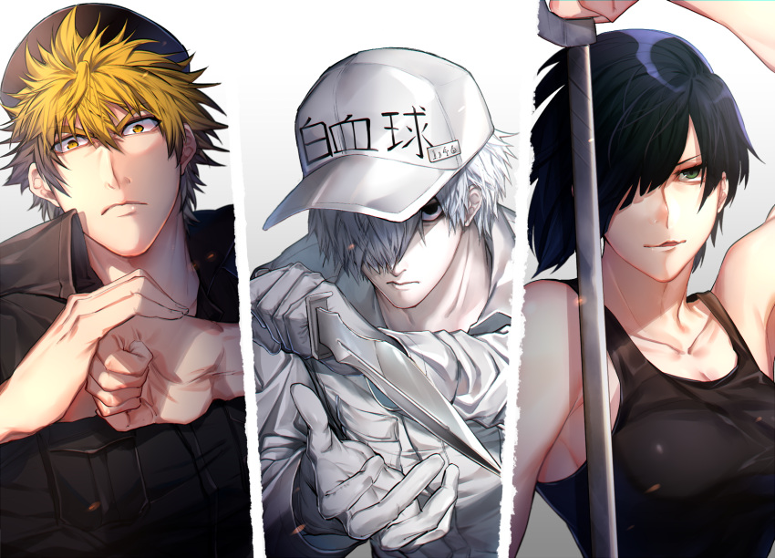 1girl 2boys baseball_cap black_eyes black_hair black_tank_top blonde_hair breasts cleavage clenched_hand collarbone collared_shirt fist_in_hand gloves gradient gradient_background green_eyes grey_background hair_over_one_eyes hat hataraku_saibou highres killer_t_(hataraku_saibou) knife long_sleeves looking_at_viewer medium_breasts multiple_boys nk_cell_(hataraku_saibou) no_pupils open_mouth shirt short_hair sleeveless spiky_hair sword tank_top tsunami_(sorudora) u-1146 upper_body weapon white_background white_blood_cell_(hataraku_saibou) white_gloves white_hair white_skin yellow_eyes