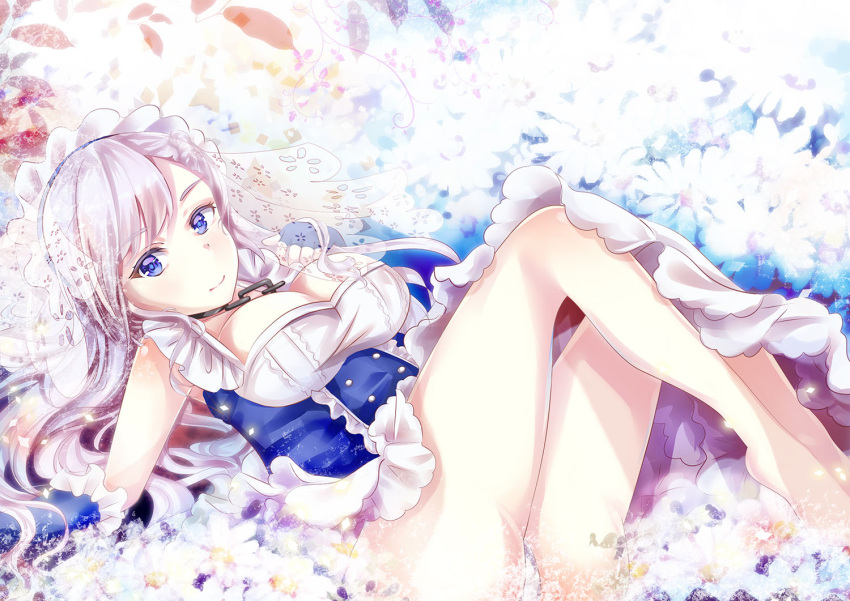 1girl ass azur_lane bangs bare_legs belfast_(azur_lane) blue_eyes blue_gloves breasts broken broken_chain chain chains cleavage closed_mouth commentary_request dress elbow_gloves eyebrows_visible_through_hair flower gloves large_breasts long_hair lying mutang on_back panties see-through silver_hair sleeveless sleeveless_dress solo underwear veil very_long_hair white_flower white_panties