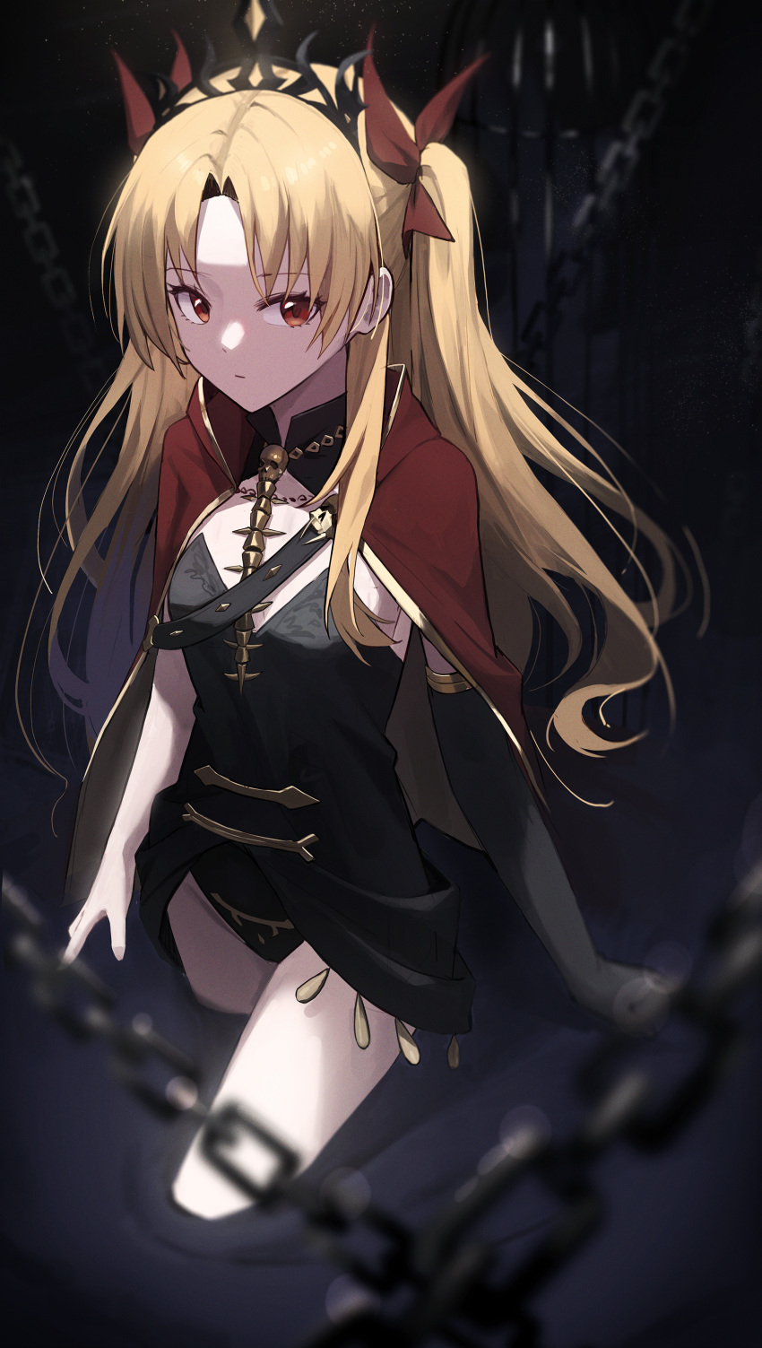 1girl absurdres asymmetrical_sleeves bangs blonde_hair breasts cape ereshkigal_(fate) fate/grand_order fate_(series) gnns gold_trim highres long_hair multicolored_cape multicolored_clothes parted_bangs red_cape red_eyes single_sleeve skull small_breasts solo spine tiara two_side_up very_long_hair yellow_cape