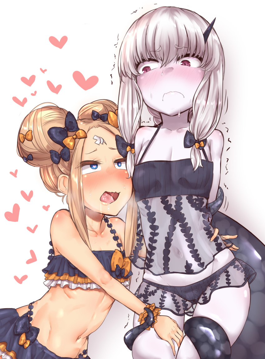 2girls abigail_williams_(fate/grand_order) absurdres bangs bare_shoulders bikini black_bikini black_bow blue_eyes blush bow closed_mouth collarbone commentary_request double_bun emerald_float eye_contact eyebrows_visible_through_hair fate/grand_order fate_(series) hair_bow heart heart-shaped_pupils highres horn lavinia_whateley_(fate/grand_order) light_brown_hair looking_at_another makano_mucchi multiple_girls navel open_mouth orange_bow pale_skin parted_bangs polka_dot polka_dot_bow saliva see-through side_bun sidelocks silver_hair suction_cups sweat swimsuit symbol-shaped_pupils tentacle trembling violet_eyes wavy_mouth white_background