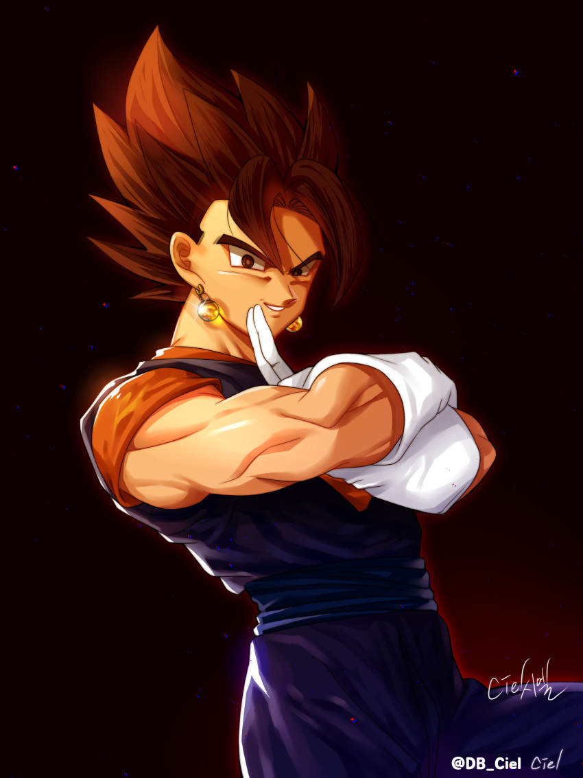 1boy artist_name bangs black_background black_eyes black_hair cowboy_shot crossed_arms dougi dragon_ball dragonball_z earrings frown gloves highres jewelry light_smile looking_at_viewer male_focus potara_earrings salute shaded_face short_hair simple_background smile spiky_hair standing tarutobi twitter_username upper_body vegetto