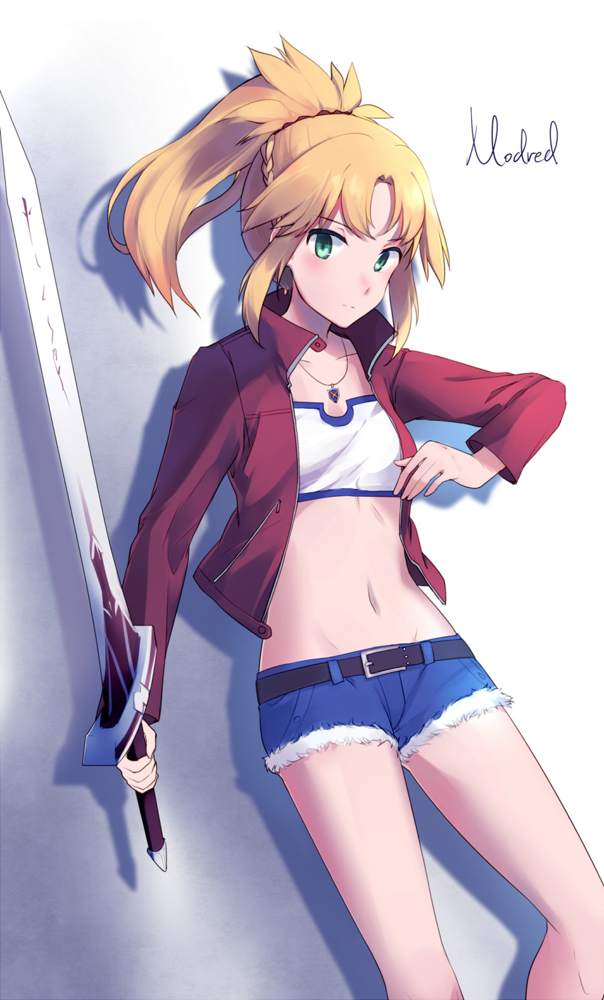 1girl belt blonde_hair blue_shorts bra character_name collarbone denim denim_shorts fate/apocrypha fate_(series) green_eyes groin hair_ornament hair_scrunchie high_ponytail highres holding holding_sword holding_weapon jacket jewelry long_hair looking_at_viewer midriff mordred_(fate) mordred_(fate)_(all) navel necklace open_clothes open_jacket red_jacket red_scrunchie scrunchie shadow short_shorts shorts solo stomach sword underwear weapon white_background white_bra yorktown_cv-5