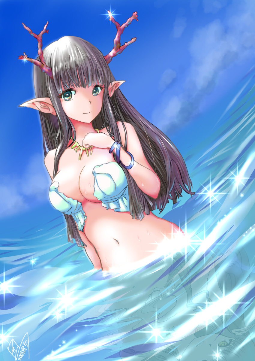 1girl bikini blue_sky breasts brown_hair coral_horns dated day fantasy highres horns jewelry long_hair looking_at_viewer medium_breasts navel necklace original outdoors p.i.t.d pointy_ears reflection sky standing swimsuit wading white_bikini_top