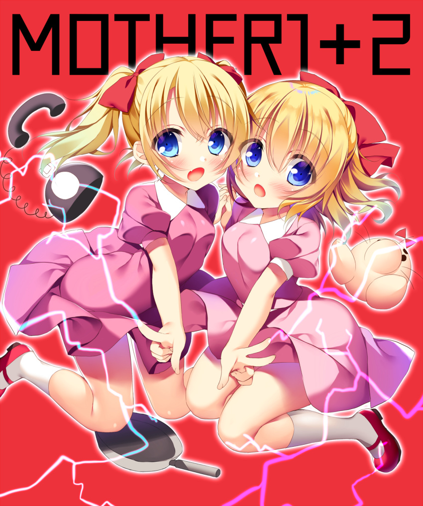2girls :o ana_(mother) ape_(company) bangs bare_arms blonde_hair blue_eyes blush bow breasts collared_dress copyright_name crossed_bangs doseisan dress fang frying_pan hair_between_eyes hair_bow hal_laboratory_inc. hand_holding highres loli looking_at_viewer mary_janes mother_(game) mother_1 mother_2 multiple_girls nintendo outline paula_(mother_2) phone pink_dress puffy_short_sleeves puffy_sleeves red_background red_bow red_footwear shoes short_sleeves small_breasts socks trait_connection twintails white_legwear white_outline yatanukikey