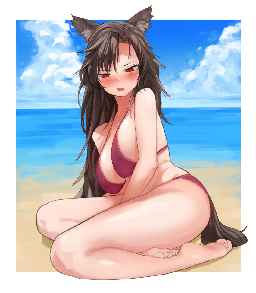 1girl animal_ears bikini blush breasts brown_hair cleavage collarbone day fang highres imaizumi_kagerou large_breasts long_hair looking_afar looking_down navel okbnkn open_mouth outdoors red_eyes solo swimsuit tail touhou wolf_ears wolf_tail