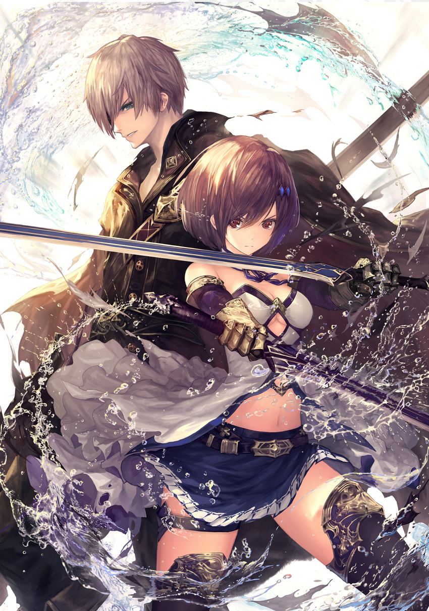 1boy 1girl black_legwear blue blue_skirt breasts brown_eyes brown_hair cleavage cutout dual_wielding eyes gauntlets hair_between_eyes hair_ornament highres holding holding_sword holding_weapon medium_breasts midriff miniskirt navel original short_hair silver_hair skirt standing stomach sword tachikawa_mushimaro thigh-highs thigh_strap under_boob water weapon white_background