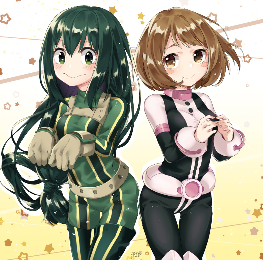 2girls asui_tsuyu big_cat_shan black_legwear blush blush_stickers bodysuit boku_no_hero_academia breasts brown_eyes brown_hair eyebrows_visible_through_hair fingers_together gloves green_eyes green_hair hands_up highres long_hair medium_breasts multiple_girls paw_pose short_hair smile striped uraraka_ochako vertical_stripes very_long_hair