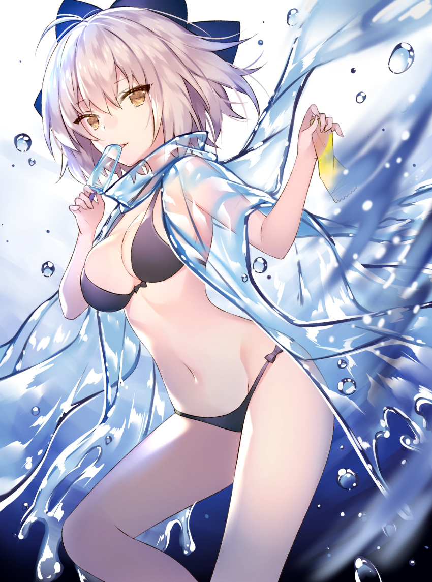 1girl :p absurdres bangs bikini black_bikini black_bow bow breasts brown_eyes cleavage commentary_request eyebrows_visible_through_hair fate/grand_order fate_(series) fingernails food groin hair_between_eyes hair_bow highres holding holding_food koha-ace light_brown_hair medium_breasts navel okita_souji_(fate) okita_souji_(fate)_(all) popsicle see-through short_sleeves solo swimsuit tongue tongue_out touwa_nikuman transparent water water_drop wide_sleeves