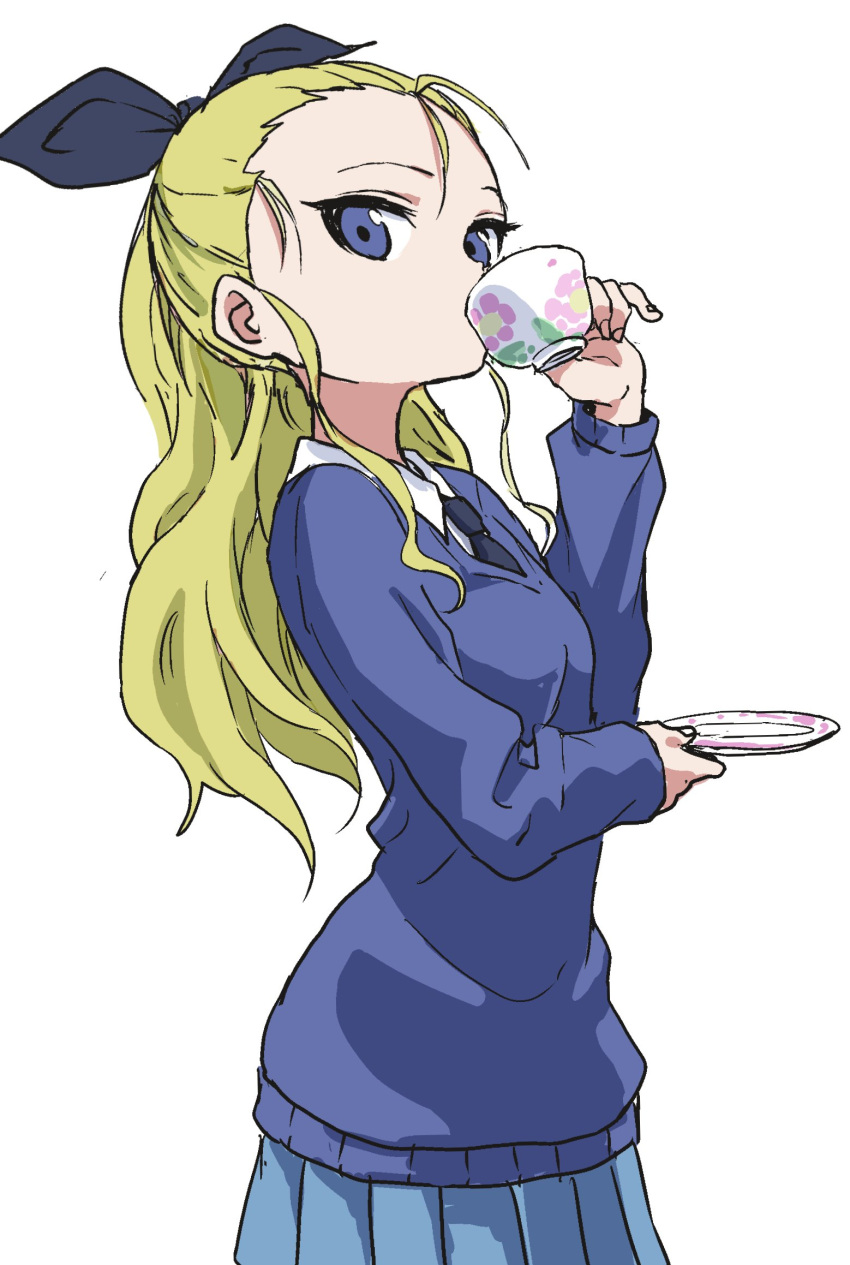 1girl assam black_neckwear black_ribbon blonde_hair blue_eyes blue_skirt blue_sweater commentary cup dress_shirt drinking girls_und_panzer hair_pulled_back hair_ribbon highres holding holding_cup long_hair long_sleeves looking_at_viewer miniskirt necktie pinky_out pleated_skirt ribbon saucer school_uniform shirt simple_background sketch skirt solo st._gloriana's_school_uniform standing sweater teacup upper_body v-neck white_background white_shirt wing_collar yamamoto_souichirou
