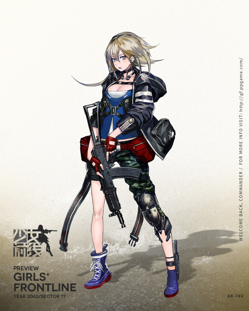 1girl ak-74u_(girls_frontline) aks-74u ammunition_pouch ankle_strap assault_rifle asymmetrical_footwear asymmetrical_legwear asymmetrical_pants bag baggy_clothes baggy_pants bangs blonde_hair blue_eyes blue_footwear blush boots breasts bustier camouflage camouflage_pants character_name cleavage combat_knife copyright_name cross-laced_footwear earphones fanny_pack fingerless_gloves full_body girls_frontline gloves gun hair_between_eyes headphones headphones_around_neck highres holstered_weapon hood hood_down hooded_jacket infukun jacket knee_pads knife knife_holster lace-up_boots logo looking_at_viewer medium_breasts official_art open_clothes open_jacket open_mouth pants pouch red_gloves rifle short_hair_with_long_locks sidelocks single_knee_pad solo strap trigger_discipline tsurime weapon