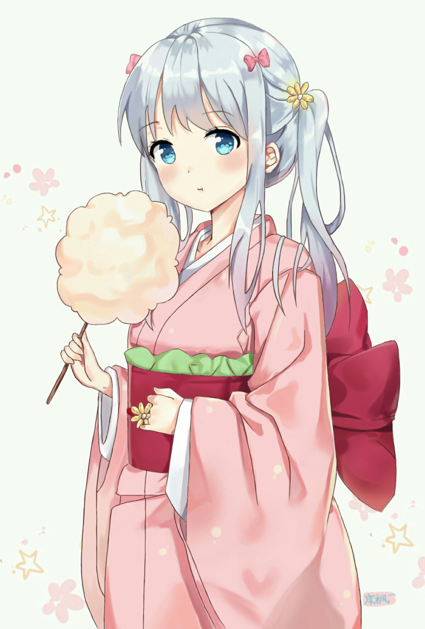 1girl bangs blue_eyes bow chinese commentary_request cotton_candy derivative_work eromanga_sensei eyebrows_visible_through_hair fingernails flower food grey_background hair_bow hair_flower hair_ornament highres holding holding_food izumi_sagiri japanese_clothes kimono liang_feng_qui_ye long_hair long_sleeves obi pink_bow pink_kimono red_bow sash side_ponytail sidelocks silver_hair solo star translated wide_sleeves yellow_flower