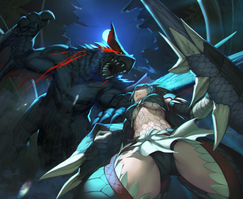 1girl black_hair breasts claws commentary_request crotch fishnets from_below glowing glowing_eyes lance large_breasts midriff monster monster_hunter moon nargacuga nargacuga_(armor) night polearm red_eyes rotix sharp_teeth shield solo teeth under_boob weapon