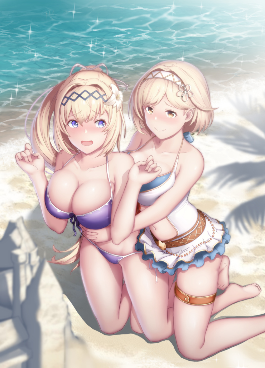 2girls alternate_breast_size alternate_costume bare_shoulders beach bikini bikini_skirt blonde_hair blue_eyes blush breasts brown_eyes cementite cleavage collarbone commentary_request djeeta_(granblue_fantasy) embarrassed eyebrows_visible_through_hair feathers flower from_above front-tie_bikini front-tie_top full_body granblue_fantasy hair_between_eyes hair_feathers hair_flower hair_ornament hair_ribbon hairband highres hug hug_from_behind implied_yuri jeanne_d'arc_(granblue_fantasy) large_breasts long_hair looking_at_another medium_breasts multiple_girls navel navel_cutout one-piece_swimsuit open_mouth ponytail purple_bikini ribbon short_hair side-tie_bikini sidelocks swimsuit thigh_strap thighs white_flower white_swimsuit